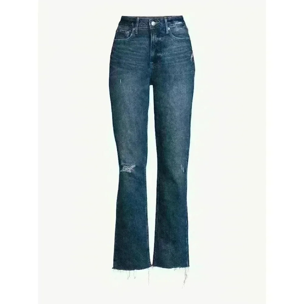 Womens Free Assembly Super High Rise Straight Jeans Cropped Hem Blue - Picture 9 of 9